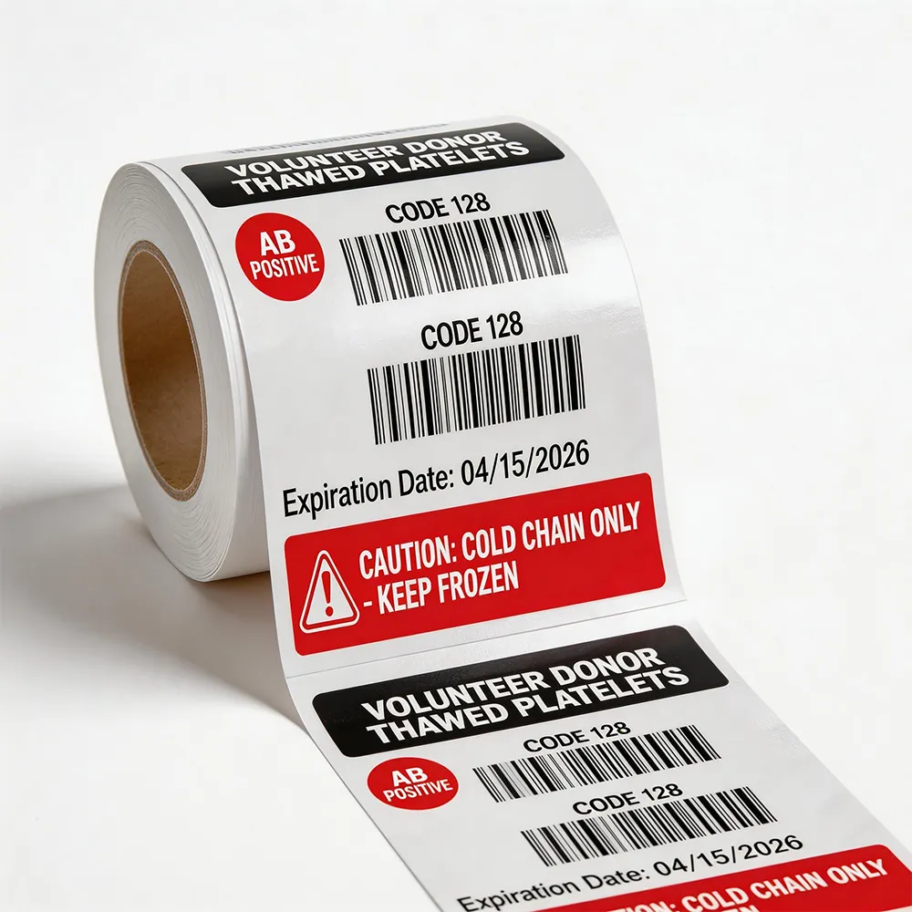 Étiquettes adhésives basse température pour plasma sanguin